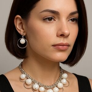 Elegant Silver tone White Hoops & Beads Necklace & Earrings set Women's Jewelry